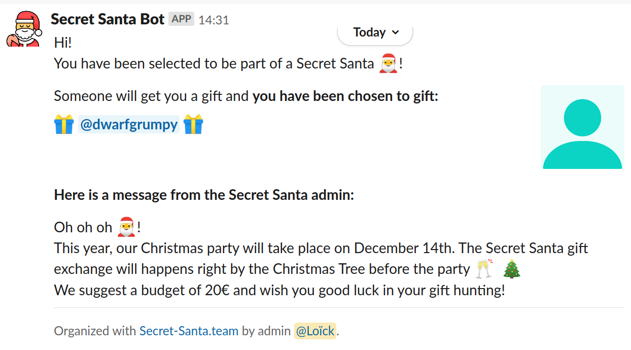 Sample message received by users